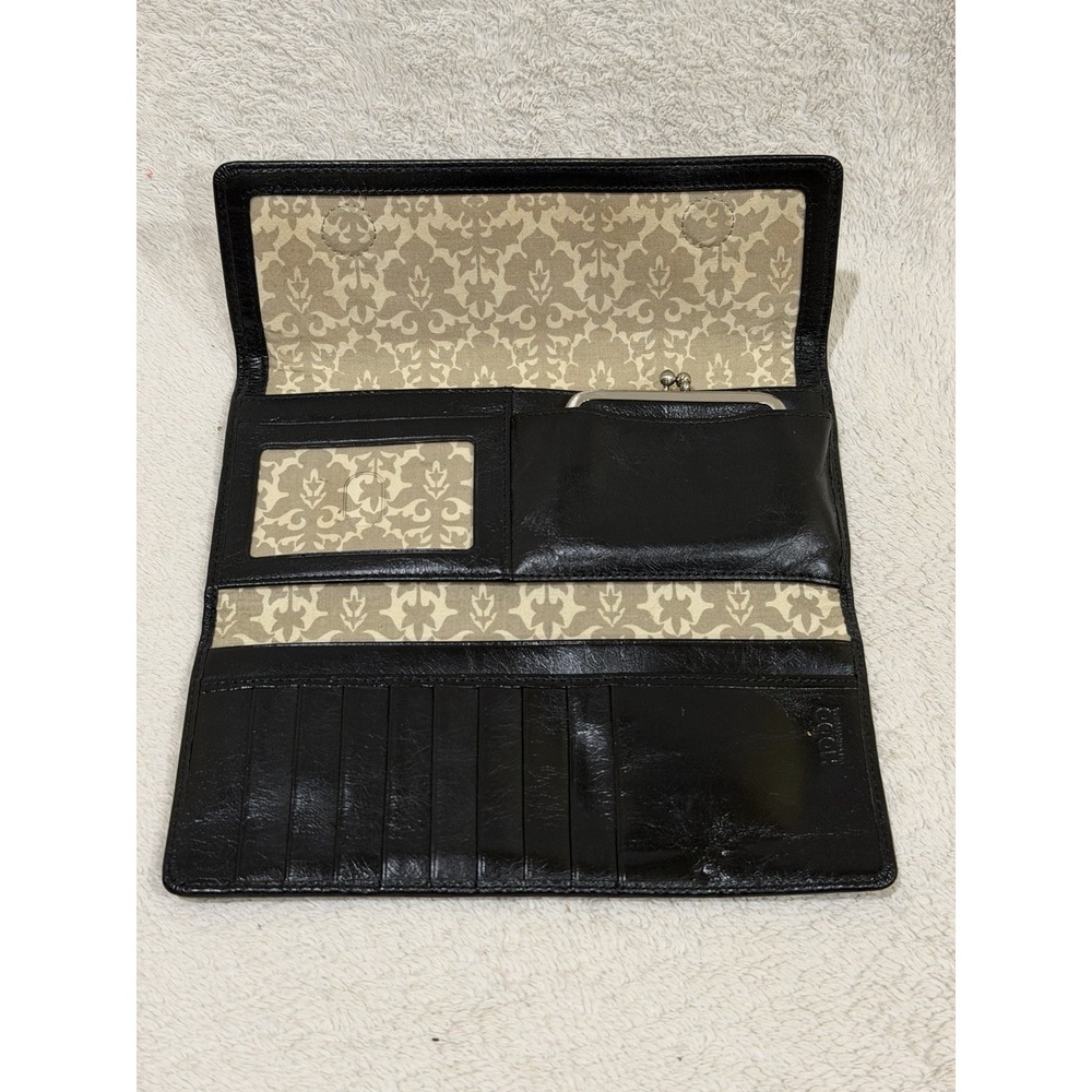 Hobo International Vintage Black Leather Kiss Lock Trifold Clutch Wallet